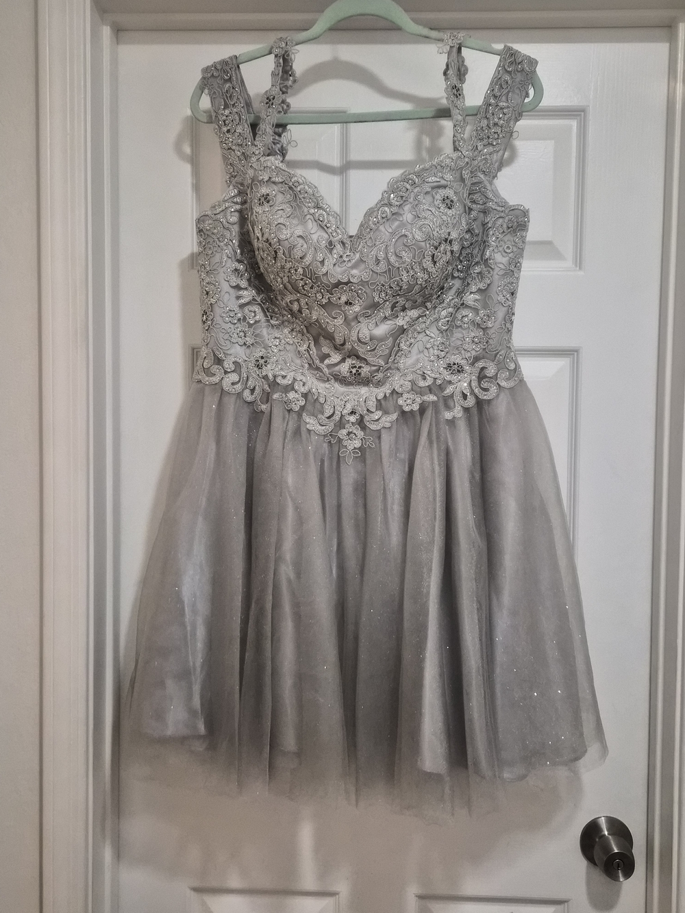 Silver Lace & Tulle Prom Dress with Embroidered Bodice